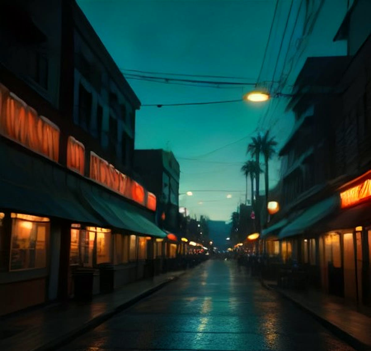 A quiet San Diego street at dusk, warm shop windows glowing beneath a teal sky